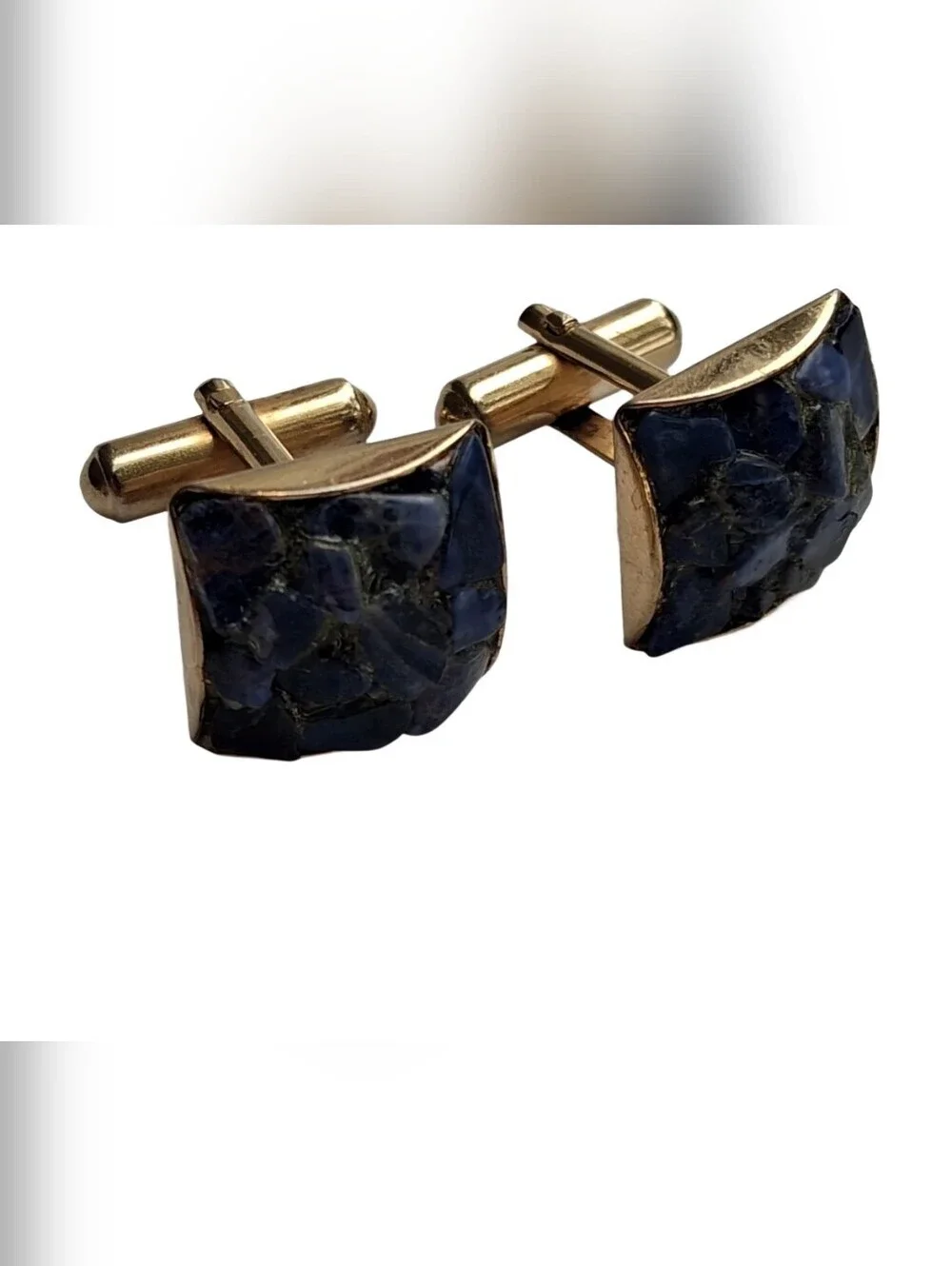Vintage Gold Tone Sodalite Chunk Mosaic Cufflinks Square Mid Century Retro